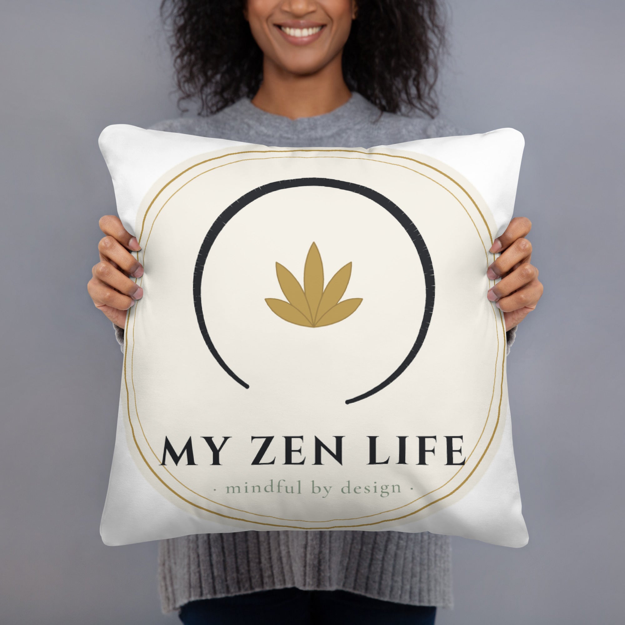 My Zen Life 18 by 18 inch throw pillow with the brand mark on a soft cover