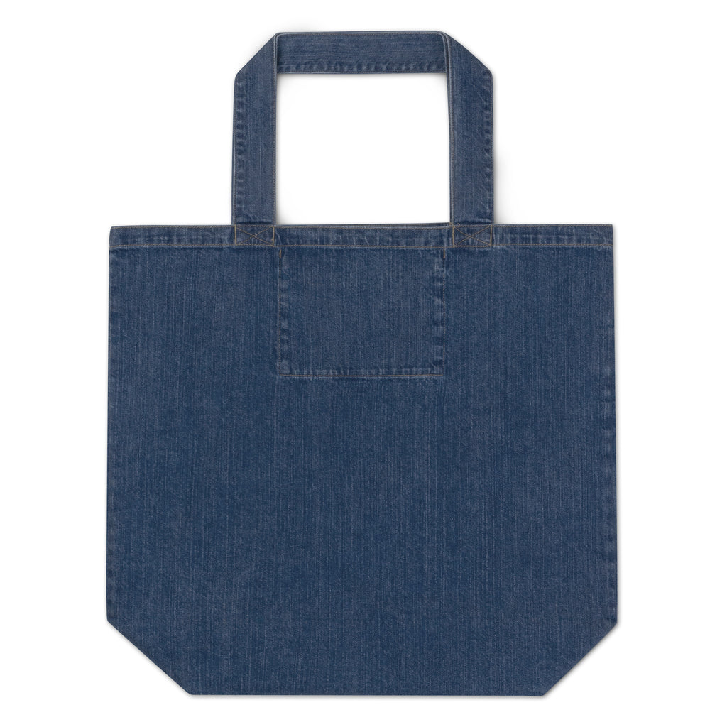 The Human Premium embroidered denim tote bag, handle and stitching detail