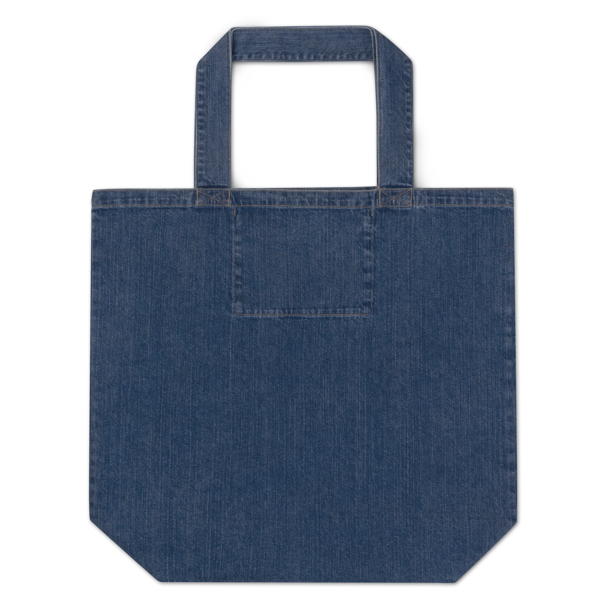 The Human Premium embroidered denim tote bag, handle and stitching detail