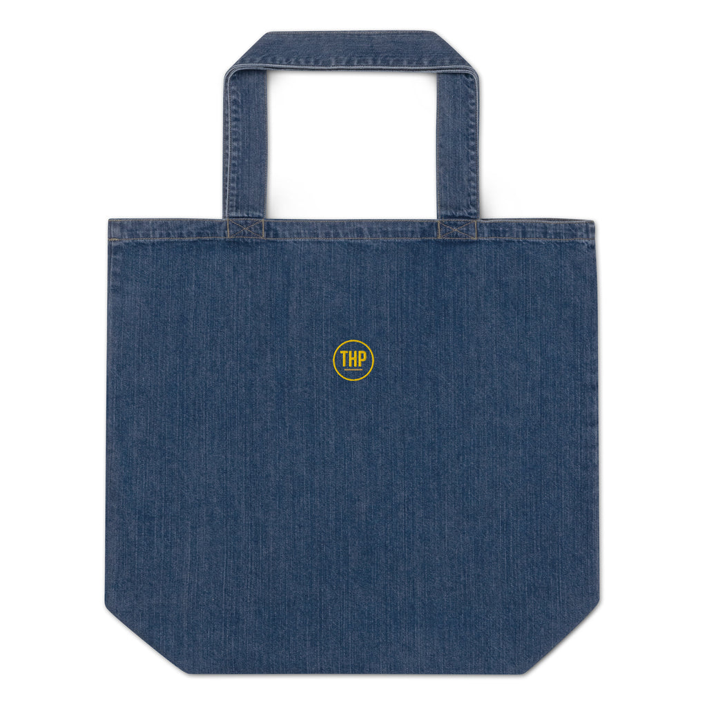 The Human Premium embroidered organic denim tote bag in denim blue