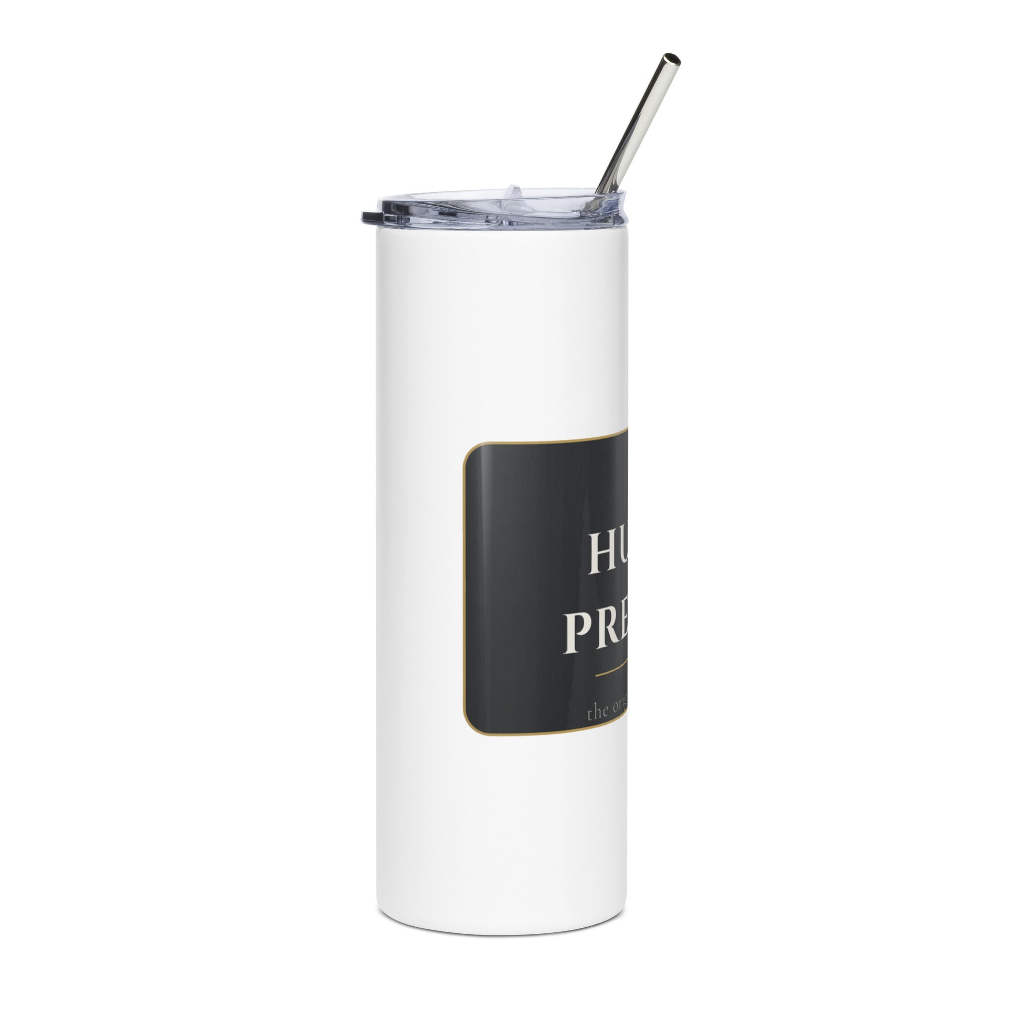The Human Premium insulated tumbler with metal straw, angled view