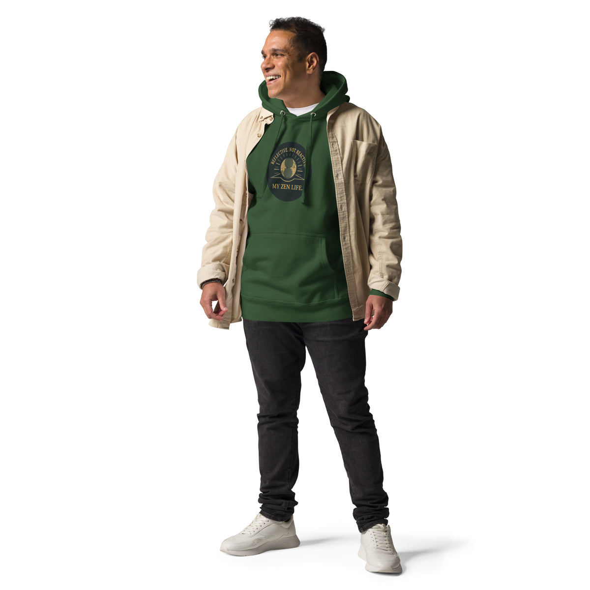 My Zen Life Unisex Hoodie in forest green, front detail view