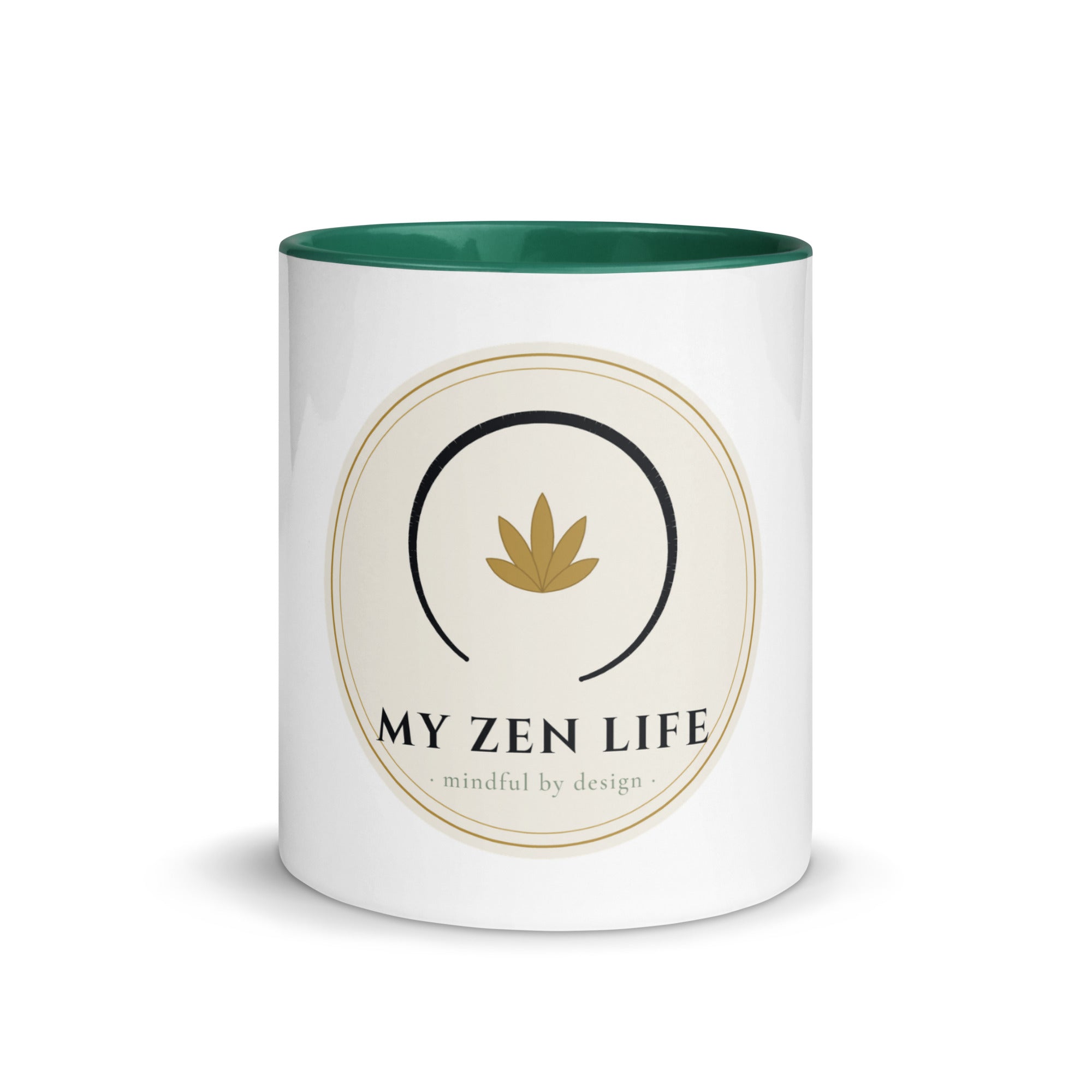 My Zen Life 11 ounce color-glaze ceramic mug with dark green glossy interior