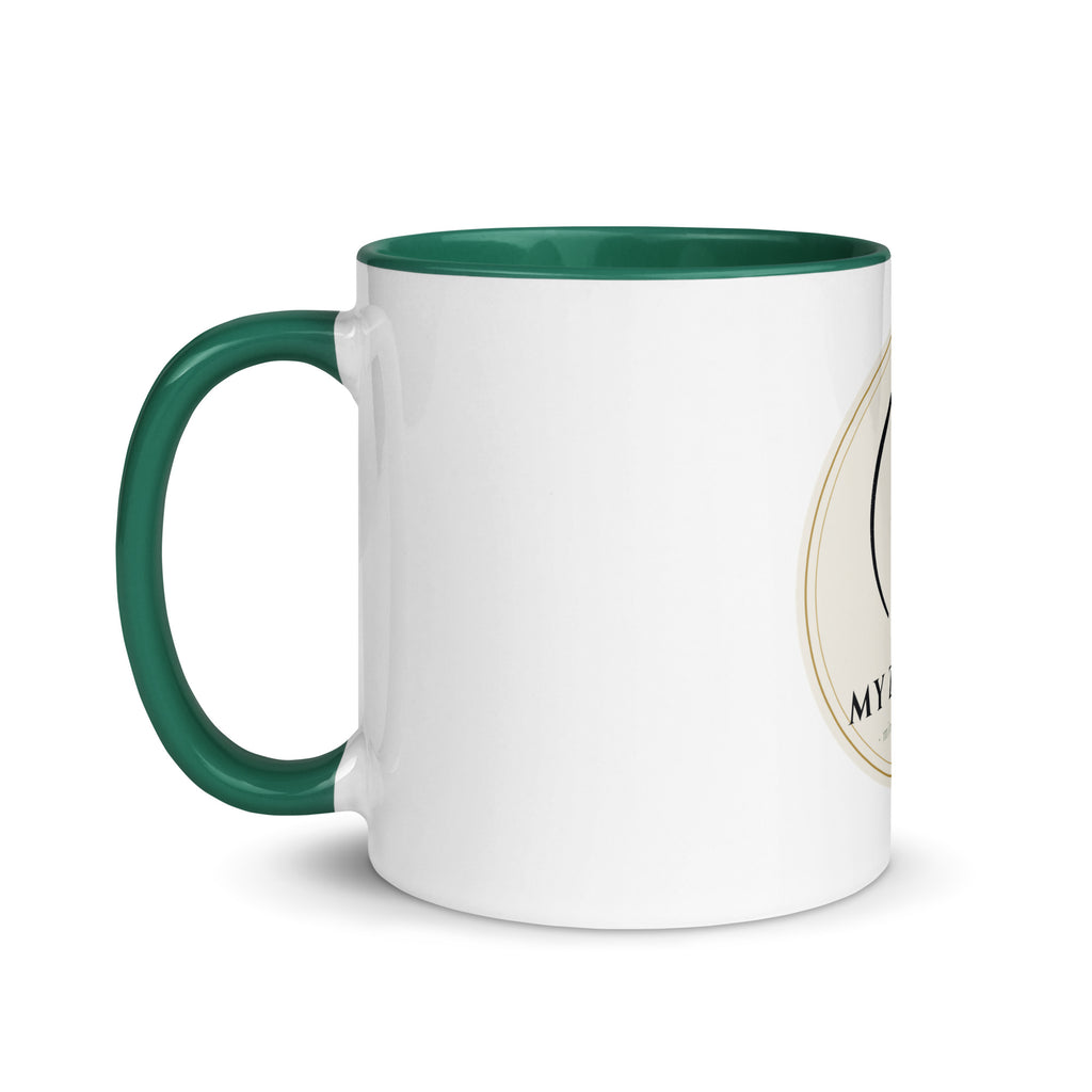 My Zen Life color-glaze mug, side view showing the brand mark