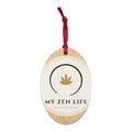 My Zen Life oval Hinoki wood ornament with engraved mark and red hanging ribbon