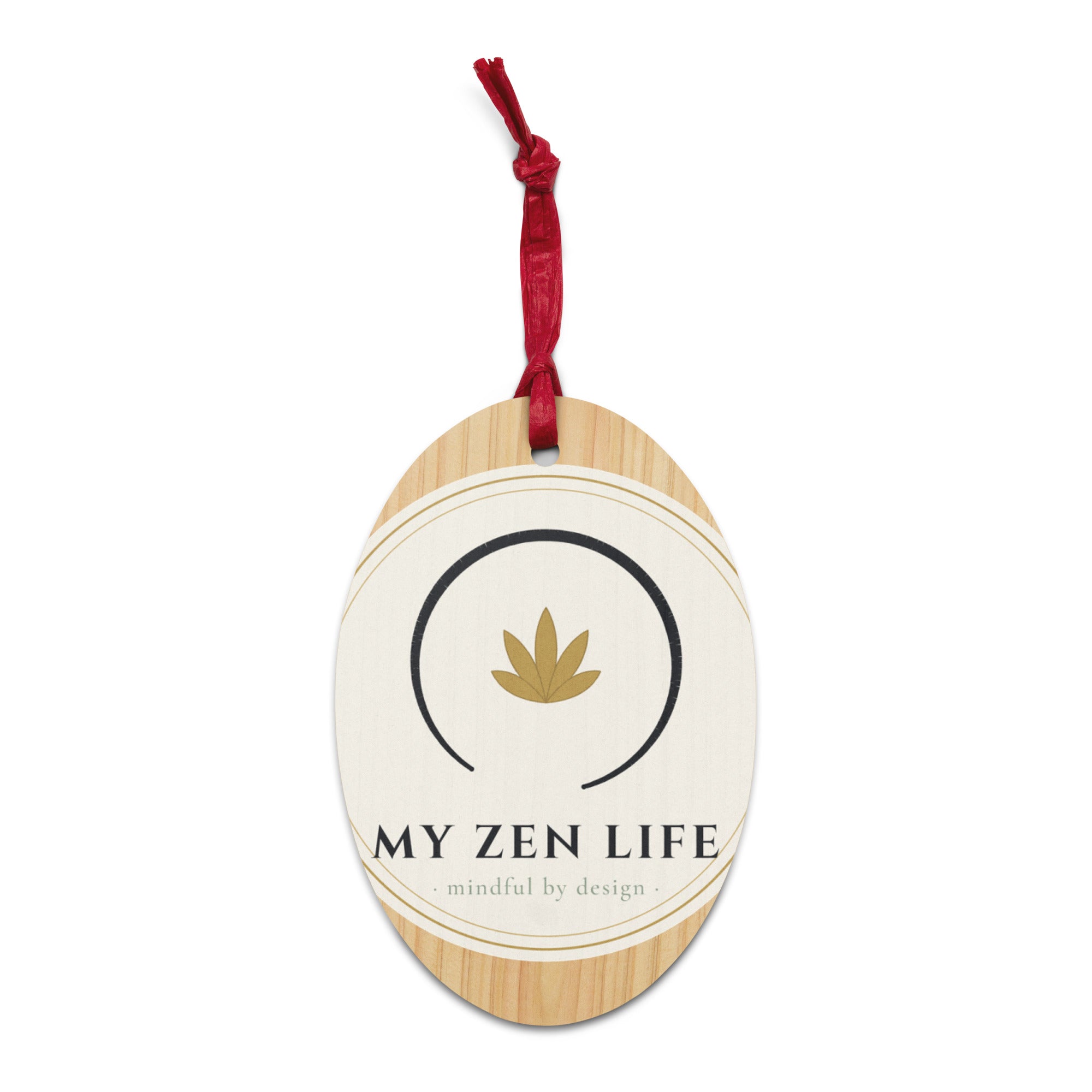 My Zen Life oval Hinoki wood ornament with engraved mark and red hanging ribbon